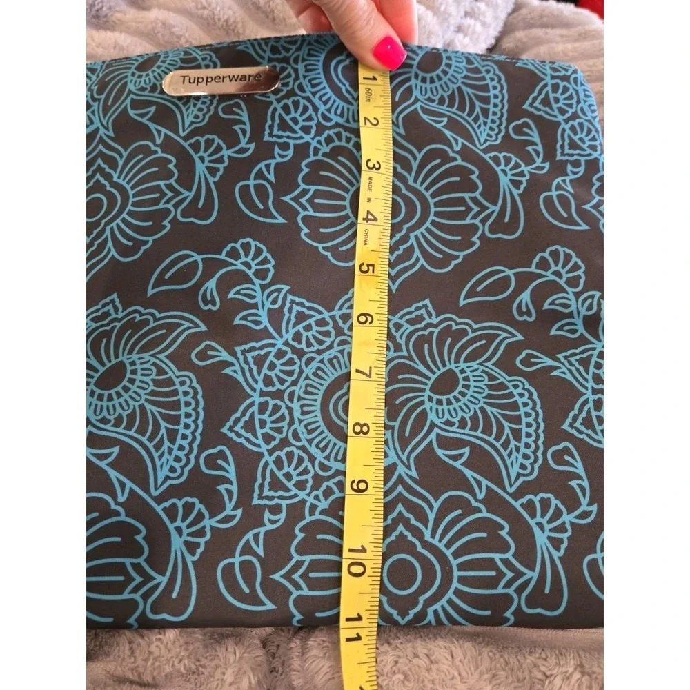 Tupperware Large Zipper Pouch / Laptop Bag Case - Black Blue Floral Design